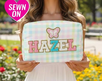 Opgenaaide patches Make-uptasje Gepersonaliseerde nylon make-uptasje Aangepaste chenille beginletter naampatch leuk reisetui geruite toilettas