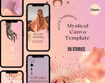 May include: A set of 50 mystical Canva story templates featuring celestial and moon imagery. The templates are designed in a pink and gold colour scheme with black accents. The text on the templates includes "Ask me anything", "One with the universe", and "Your daily affirmation".