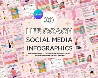 30 infografías editables para redes sociales de coaching de vida / Plantillas Canva de salud mental, bienestar, amor propio y fitness para Instagram y Facebook