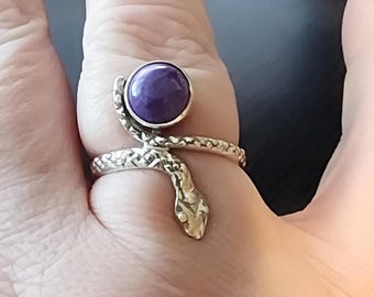 Sterling Silver Snake Ring with Amethyst – Unique Serpent Design, US Size 8 3/4