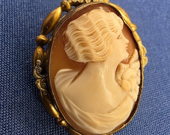 Vintage Shell Cameo Brooch 10k Gold Victorian Lady Portrait Pin Antique Jewelry Gift