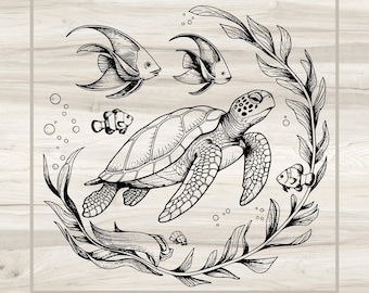 May include: A black and white line drawing of a sea turtle swimming in the ocean with two fish and seaweed. The turtle is in the center of the image and is facing to the right. The fish are swimming around the turtle and the seaweed is in the background.