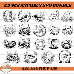 25 Sea Animals SVG Bundle, Ocean Creatures Clipart, Engraving Style Marine Life PNG, Under the Sea SVG, Digital Download for Cricut & Laser