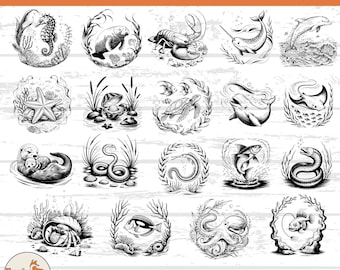 Sea Animals SVG Bundle: Engraved Ocean Creatures Clipart (Digital Download for Cricut & Laser)