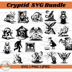 Op de afbeelding: Een zwart-wit Cryptid SVG-bundel met verschillende illustraties van mythische wezens. De bovenste banner luidt "Cryptid SVG Bundle". De illustraties omvatten een skelet hert, een weerwolf en een wezen met een schedel.