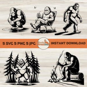 Bigfoot SVG Bundle, Sasquatch Clipart Set, Camping Cryptid SVG, Funny Bigfoot PNG, Forest Monster Line Art, Instant Download