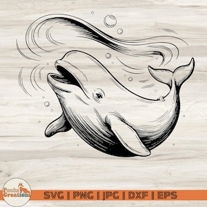 Beluga Whale Singing SVG, Ocean Animal Clipart, Engraving Style Whale Art, Marine Life Digital Design, Whale Vocalization Art