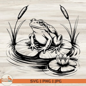 May include: A monochrome illustration of a frog on a lily pad, with cattails and water details. The frog has textured skin and large eyes. The image includes the text "SVG | PNG | JPG".