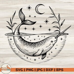 Narval SVG, Animal marino SVG, Vida marina SVG, Animal místico SVG, Luna creciente SVG, Cielo estrellado SVG, Vida marina PNG, Descarga digital