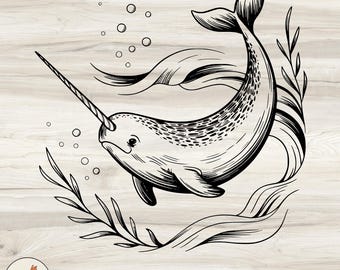 Narwhal Line Art SVG: Sea Unicorn Clipart, Laser Engraving Cut File