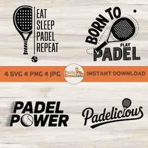 Op de afbeelding: Zwart-wit padel-thema afbeeldingen met teksten als "Eat Sleep Padel Repeat", "Born to Play Padel", "Padel Power" en "Padelicious". Elk ontwerp toont een padelracket en een bal. De tekst "Instant Download" is ook aanwezig.