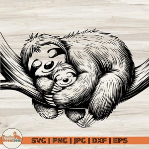 Sloth Mom and Baby SVG, Cute Sloth Baby PNG, engraving style animal design, sleepy sloth mug, sloth Clipart, sloth mothers day svg