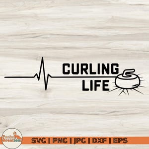 May include: Black and white graphic design with a heart beat line, the words "Curling Life" and a curling stone.