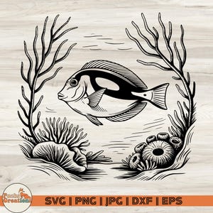 Blue Tang Fish SVG, Tropical Fish Clipart, Ocean Animal Clipart, coral reef clip art, Ocean Animal Engraving, Aquarium Fish SVG