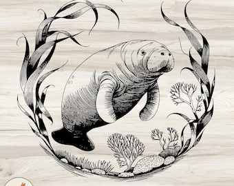 Manatee SVG: Engraving Style Ocean Animal Clipart (Digital Download)
