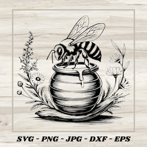 May include: A black and white illustration of a bee perched on a honey pot with flowers and leaves surrounding it. The honey pot is dripping with honey.