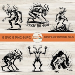 Puede incluir: Una impresión de arte digital con seis ilustraciones en blanco y negro de una criatura esquelética con cornamenta. El texto "BEWARE THE WOODS" está incluido en una de las imágenes. Las imágenes también incluyen el texto "6 SVG 6 PNG 6 JPG" y el logotipo del vendedor.