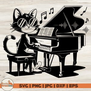 Cat Playing Piano Svg, Laser Cut File, Piano Svg, Cat SVG, Name Here, Gift for musician, Cool Cat PNG, svg jprg eps dxf Digital Download