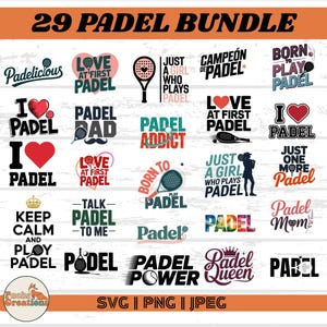 Puede incluir: Un conjunto de 29 diseños temáticos de pádel en varios estilos. Los diseños incluyen textos como "Padelicious", "Love at First Padel" y "Padel Addict", junto con raquetas de pádel y corazones. La imagen también incluye el texto "SVG | PNG | JPEG".