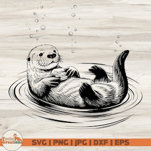 May include: Black and white illustration of a sea otter floating in water, holding a shell. The otter is smiling, with bubbles rising above it. The image is a digital design, with the words "SVG | PNG | JPG | DXF | EPS" at the bottom.