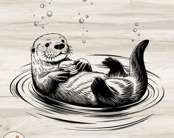 Sea Otter SVG: Engraving Style Clipart, Floating Otter with Shell (Digital Download)