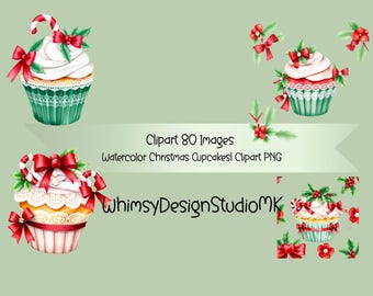 Watercolor Christmas Cupcakes Clipart, Festive Holiday Art