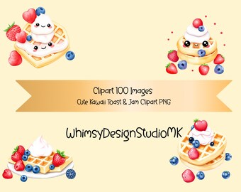 Kawaii Waffeln Beeren Clipart, Frühstück Essen PNG, druckbare Illustrationen