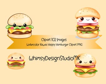 Clipart hamburger kawaii aquarelle, illustration culinaire (téléchargement numérique)