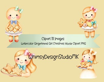 Aquarell Lebkuchen Haus Clipart: Weihnachten Mädchen Urlaub Dekor Feiern