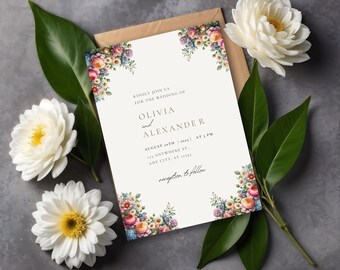Watercolor Floral Wedding Menu Template, Printable Canva Menu (DIY)