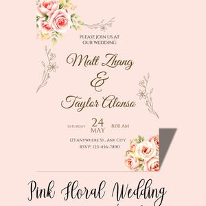Rosa Blumenhochzeitseinladungsvorlage, Canva-Einladung, digitale Hochzeitseinladung, bearbeitbare Canva-Vorlage