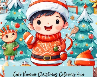 Kawaii Christmas Coloring Book Printable, Cute Kids Activity, Christmas Printables, Fun Coloring Pages, Holiday Gift