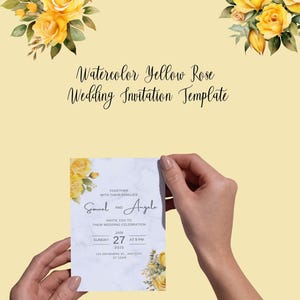 Watercolor Yellow Rose Wedding Invitation Template, Canva Editable, Floral Template, DIY Wedding Cards