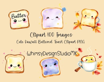 Kawaii Butter Toast Clipart PNG | Frühstück Food Art (Digitaler Download)