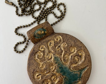 Hand Sculpted Stoneware Tree of Life Pendant 30” bronze finish metal chain