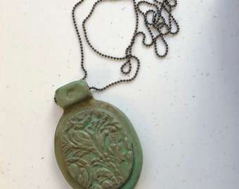 Hand Built Stoneware Oval Floral Pendant with 30 inch black ball chain