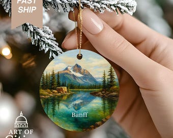 Banff Mountain Christmas Ornament: Hand-Painted Style Ceramic Keepsake