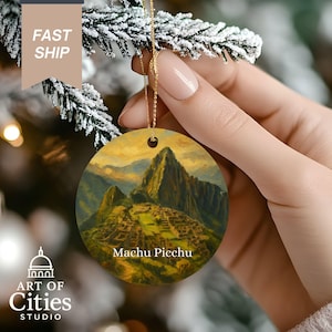Machu Picchu Christmas Ornament: Hand-Painted Style Ceramic Holiday Keepsake