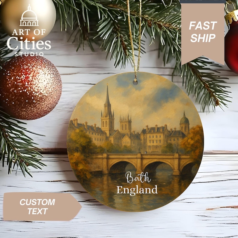Bath England Christmas Ornament Hand-Painted Style Cityscape Keepsake Decoration for Travel Lovers & UK Gift image 1