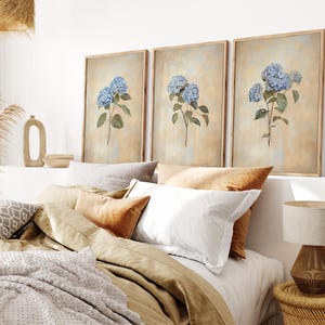 Blue Hydrangeas, Flower Decor, Modern Botanical Prints, Set of 3