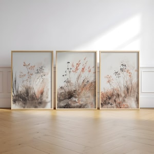 Beige Floral Wall Art Set, Minimalist Asian Flower Decor, Modern Botanical Prints, Set of 3