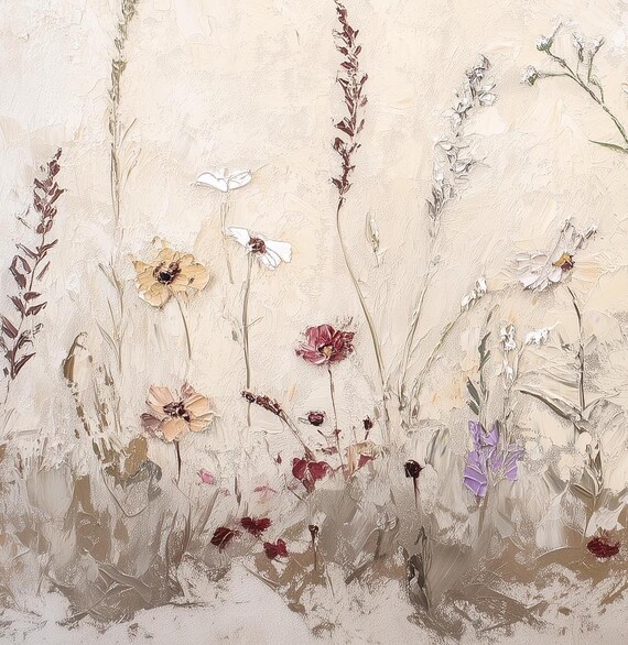 野の花畑の風景油絵、ヴィンテージ風景画 - Etsy 日本