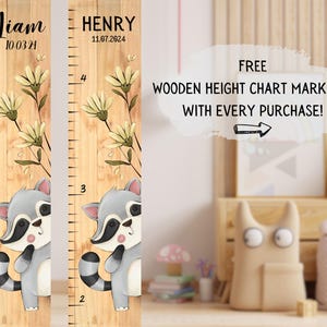 Racoon Height Growth board, Het meten van de hoogte van kinderen, Gepersonaliseerde jongenscadeaus kinderen, Meisjes kinderkamer wanddecor, Groeimeter voor kind, Baby Cadeau