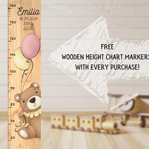 Kindergroeimeter liniaal teddybeer, gepersonaliseerd hoogtegrafiek cadeau voor jongens en meisjes, kinderkamer wanddecoratie, houten meetstoktracker