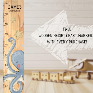 Ocean growth chart octopus, Wood ruler growth, Personalized wooden gift, Wall decor baby nursery, Personalized measuring tape, Baby shower