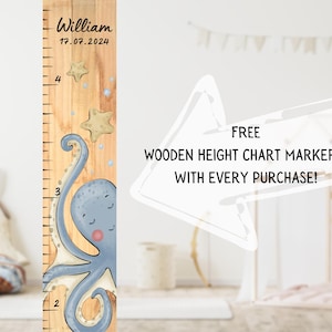 Octopus meetbord, groeimeter hout, Kid groeimeter hout, houten liniaal groei, gepersonaliseerd houten cadeau, wand decor babykamer