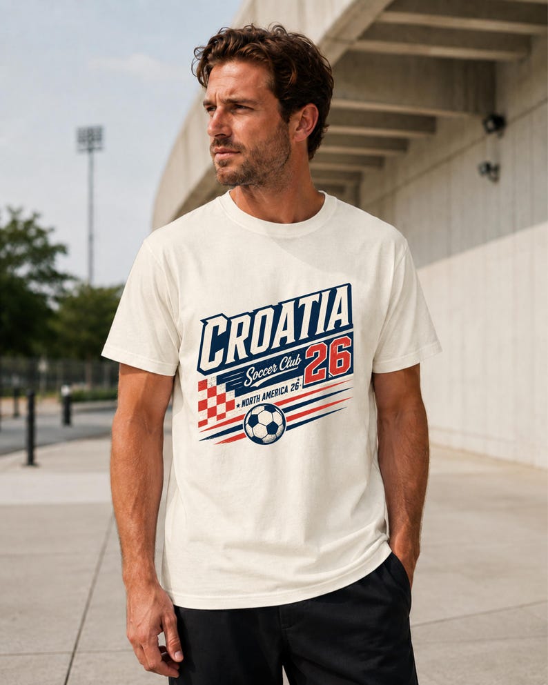 K&ouml;nnte beinhalten: Ein cremefarbenes Kurzarm-T-Shirt mit einem Grafikdruck, der CROATIA Soccer Club 26 NORTH AMERICA 26 liest. Das Design enth&auml;lt ein rot-wei&szlig; kariertes Quadrat, einen Fu&szlig;ball und rote sowie blaue horizontale Geschwindigkeitslinien.