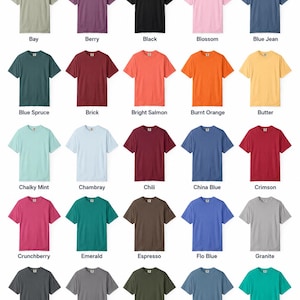 K&ouml;nnte beinhalten: Eine Comfort Colors 1717 Farbkarte mit sechsundzwanzig kurz&auml;rmeligen T-Shirts in verschiedenen Farbt&ouml;nen, darunter Bay, Berry, Black, Blossom, Blue Jean, Blue Spruce, Brick, Bright Salmon, Burnt Orange, Butter, Chalky Mint, Chambray, Chili, China Blue, Crimson, Crunchberry, Emerald, Espresso, Flo Blue, Granite, Graphite, Gray, Hemp, Ice Blue, Island Green und Island Reef.