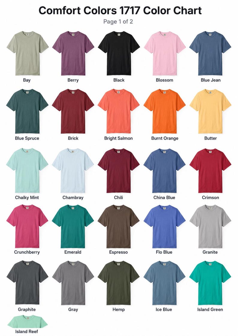 K&ouml;nnte beinhalten: Eine Comfort Colors 1717 Farbkarte mit sechsundzwanzig kurz&auml;rmeligen T-Shirts in verschiedenen Farbt&ouml;nen, darunter Bay, Berry, Black, Blossom, Blue Jean, Blue Spruce, Brick, Bright Salmon, Burnt Orange, Butter, Chalky Mint, Chambray, Chili, China Blue, Crimson, Crunchberry, Emerald, Espresso, Flo Blue, Granite, Graphite, Gray, Hemp, Ice Blue, Island Green und Island Reef.
