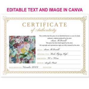 Certificate of Authenticity Customizable Canva Template Artist Certificate Digital Download \Editable COA Original Art Template Certificate